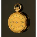 A 9 ct gold cased foliate engraved continental fob watch, stamped 9K, knob wind. Diameter 32 mm.