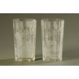 A pair of 19th century etched glass faceted tumblers, deer and game birds. Height 14 cm.