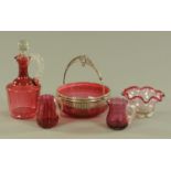 Five pieces of cranberry glass, flask, two jugs and two bowls.