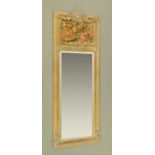 A large gilt framed mirror with tapestry panel above, giltwood and composition.