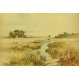 C. Aikman, watercolour, sheep by stream in landscape. 25 cm x 38 cm, framed, signed.