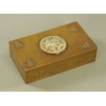 A Chinese brass mounted box, with hardstone panel and wooden lining. 15 cm x 9 cm x 4 cm.