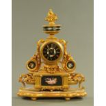 A 19th century French spelter mantle clock, with porcelain dial and panels,