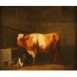 A 19th century oil painting on panel, bull and hens in barn. 16 cm x 18.5 cm, framed.