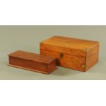 A Victorian walnut writing slope, and a silk lined mahogany glove box. Widest 35 cm.