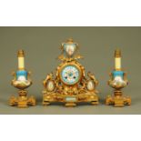 A French 19th century metal clock garniture, with Sevres style porcelain panels.