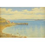 A. Stewart, watercolour, coastal scene with pier and village. 18 cm x 26 cm.