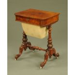 A Victorian burr walnut worktable, with rounded corners frieze drawer and sliding bag,