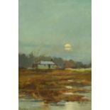 Mary Morris, oil on canvas moonlit cottage scene, 29 cm x 19 cm, framed and signed.