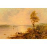 G Leslie (19th century) English School, oil on canvas, lake scene at sunset with fishing vessel.
