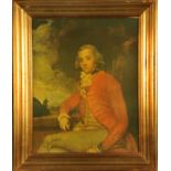 A coloured print to simulate oil painting, military figure in seated pose. 72 cm x 56 cm, framed.