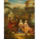 A 19th century oil painting on canvas, two young girls and musician in Classical garden.