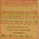 An early 19th century sampler, Mary Jefferson June 1817. 27 cm x 26 cm.