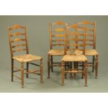 Four 19th century ash rush seat ladder back country kitchen dining chairs raised on turned legs