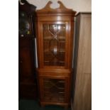 Oak standing corner cupboard with two glazed doors, glass adjustable shelves,