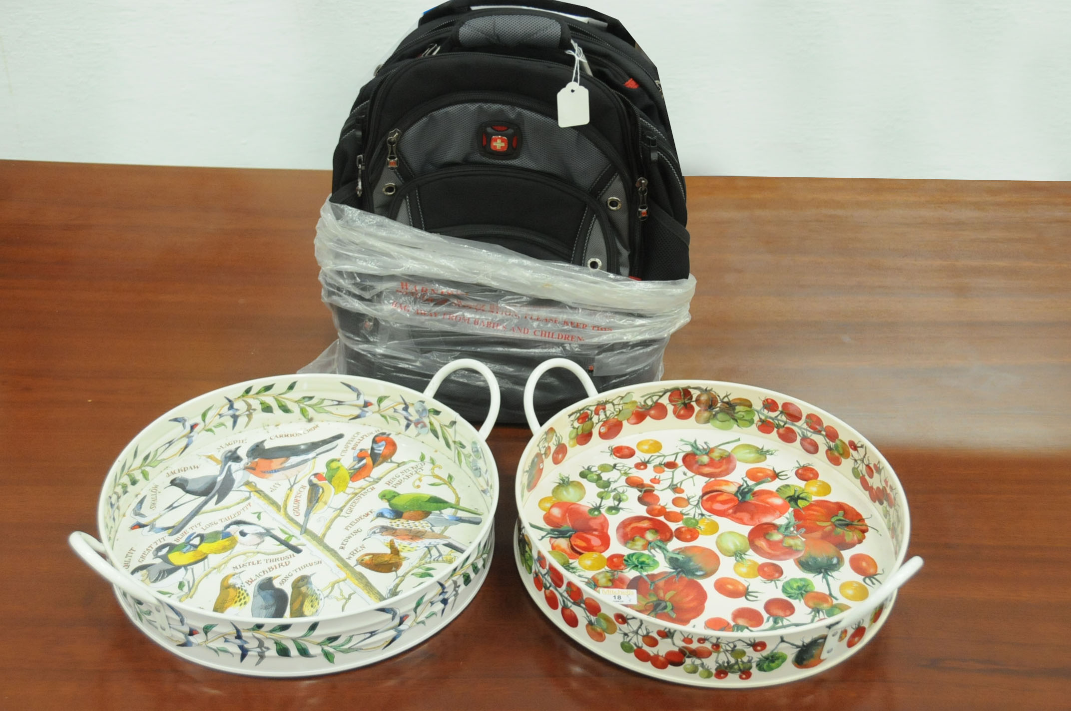 Two Emma Bridgewater two handled trays, garden birds and vegetable garden,