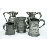 3 pewter tankards and 2 jugs