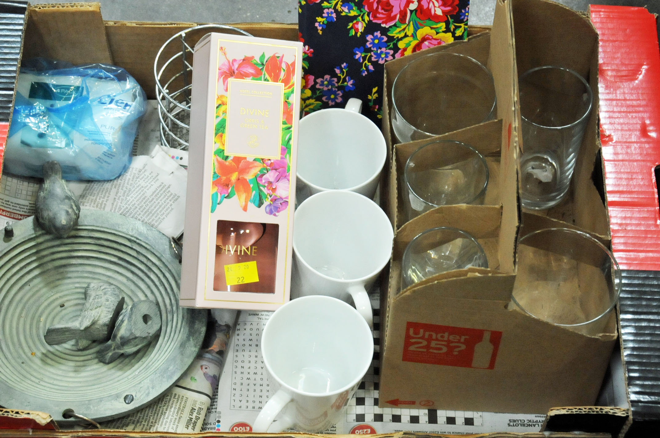 Box of glassware, mugs, soap, bird bath figure, etc.