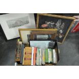 Box of books, pictures, Titanic memorabilia, etc.