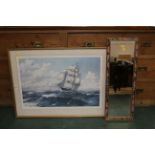 Tall ship print and floral framed mirror