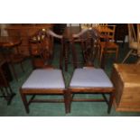 Pair of mahogany Hepplewhite splat back chairs with blue seats