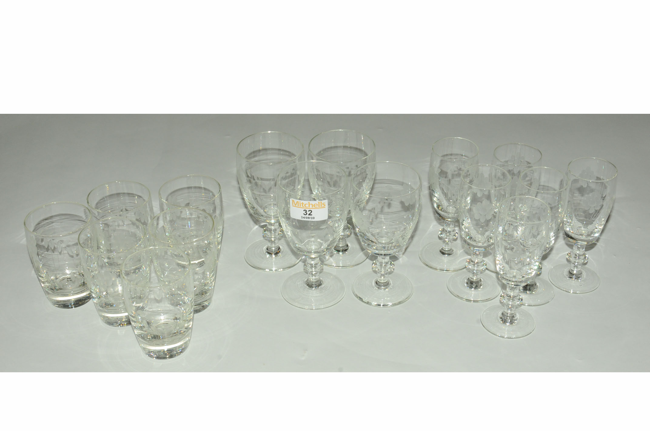 Box of etched glassware, small tumblers,