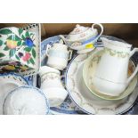 Box of blue and white Willow pattern ashette, Villeroy & Boch cheese dish, etc.