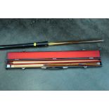 BCE cased snooker cue and another snooker cue