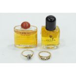 Two miniature perfume sample bottles, Opium by Yves Saint Laurent and Gucci, 18 ct gold ring,