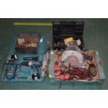 Makita drill and two boxes of tools,