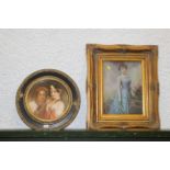 Gilt framed three quarter length portrait of a lady and circular print of two girls