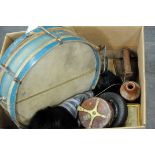 Box of world map, vintage drum, wooden and brass star back fishing reel, carbine lamp, flat iron,