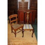 Oak Queen Anne style chair and rush seated chair