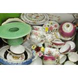 Box of teacups, saucers, teapot, Royal Cauldon green stylised plant pot, etc.