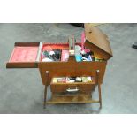 Oak sewing box, cottons, threads, etc.