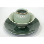 Large green crackle glaze charger, diameter 45 cm, vase, height 20 cm, and Leeds Pottery bowl,