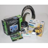 Box of metal ornament/vase, LCD Tevion wide screen TV, Phillips headphones,