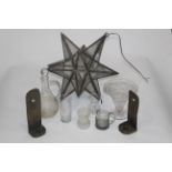 Box of glass and metal star lamp shade, decanter,