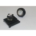 Ebony and silver ink and pen stand and German made clock