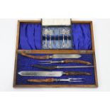 Walker & Hall antler handled carving set in oak case and box of silver plated spoons