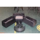 Christmas tree stand and plastic tubs