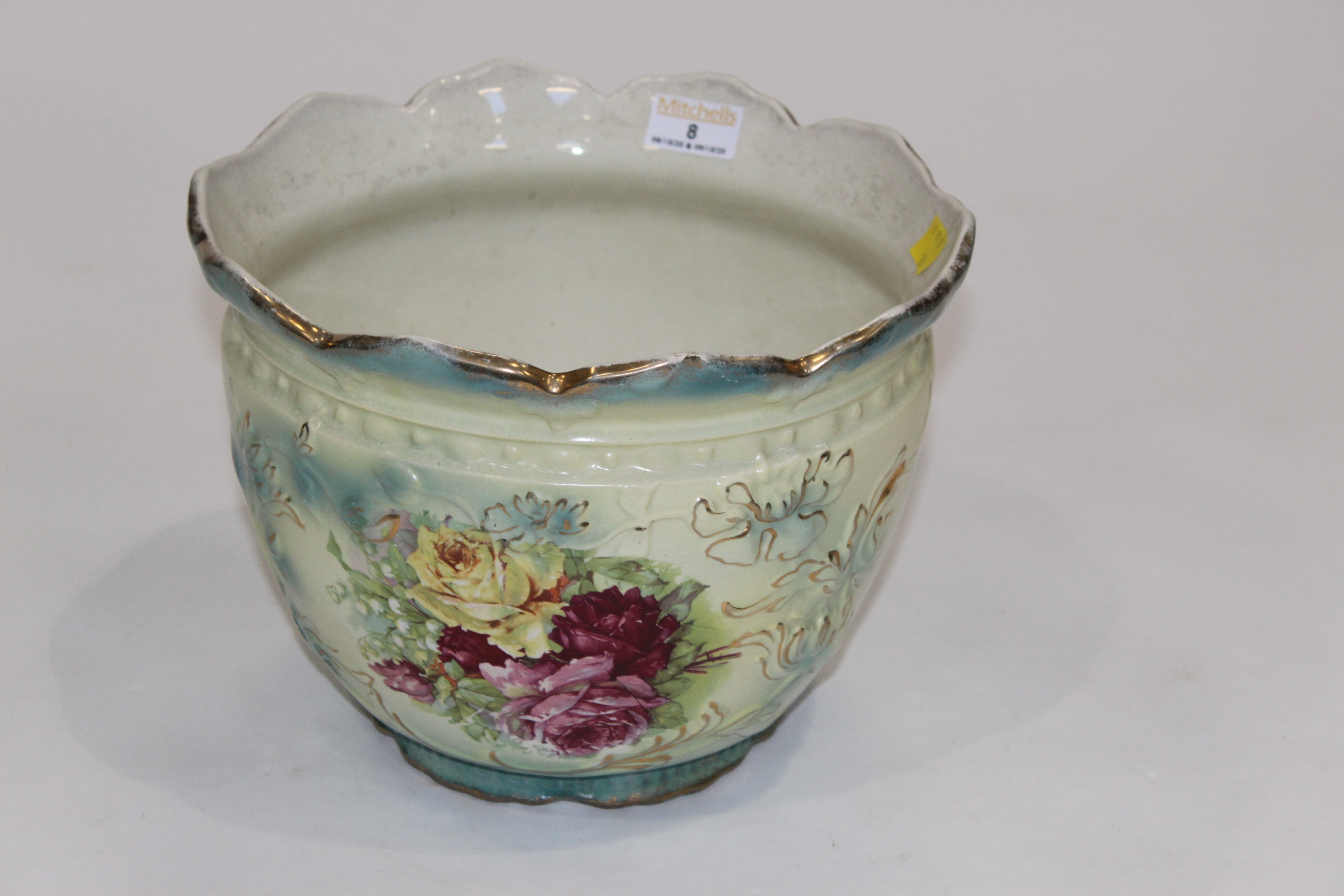 Floral painted jardiniere printed Belmont to the base