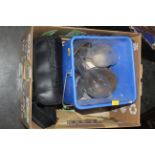 Box of oil lamp shades and binoculars,