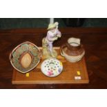 Oak inlaid tray, Royal Cauldon Radford rose bowl,