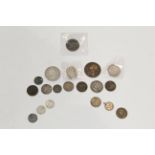 Bag of English coins, Victorian threepenny pieces, sixpences and farthings, 1887 shilling,