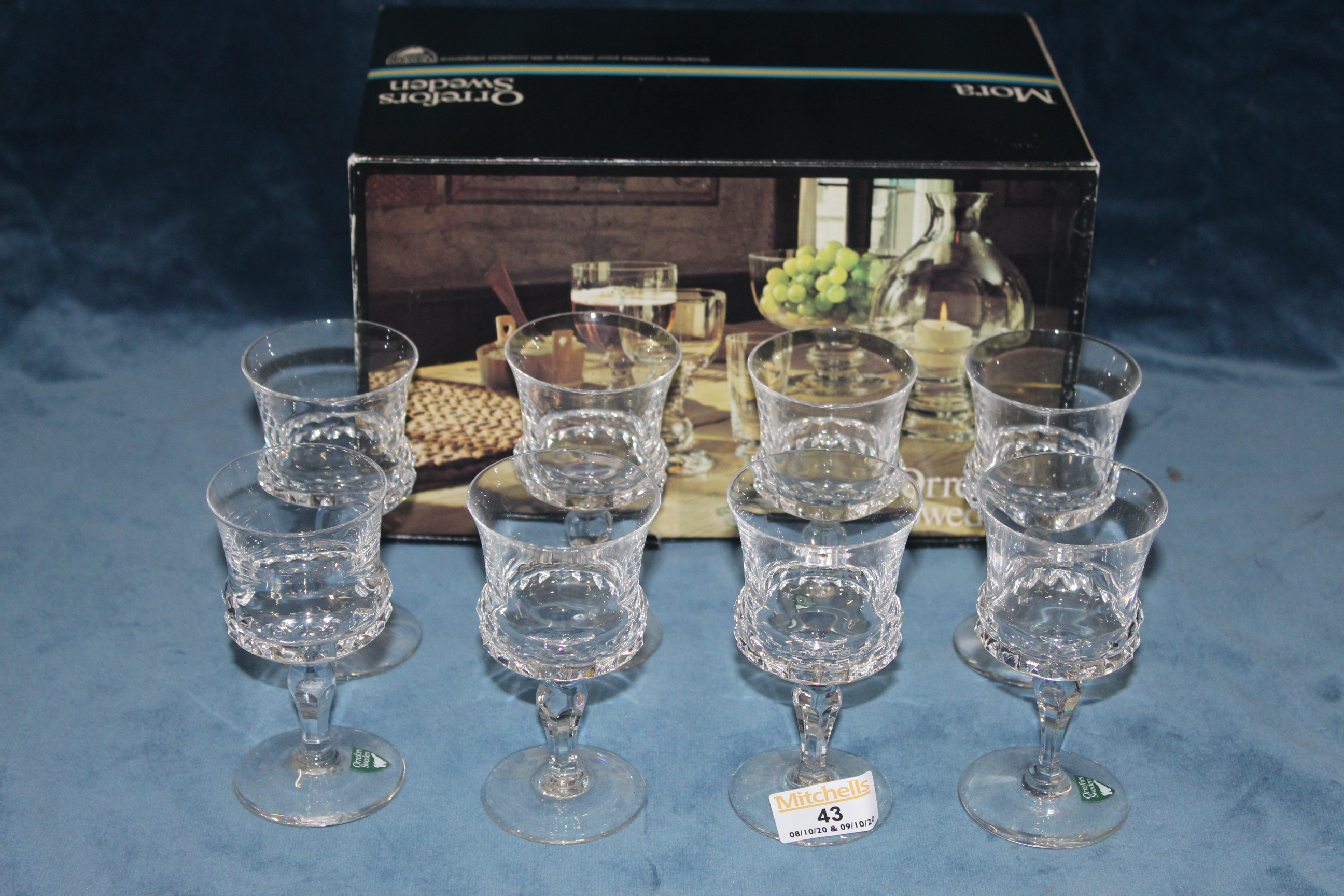 Eight Orrefors drinking glasses and box