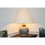 Studio Pottery table lamp with cream shade decorated with birds,