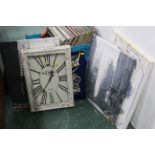 Vintage rectangular wall clock and four canvas prints