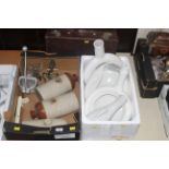 Two boxes of ceramic hot water bottles, bed pans, dinner candles,