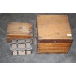 Two wooden and metal bound boxes and another smaller dome topped jewellery box